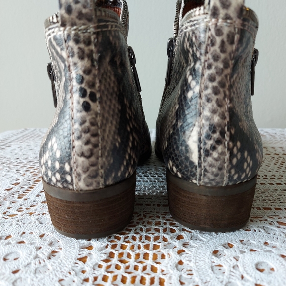 LUCKY BRAND Leather Ankle Snakeskin Bootie Double Zipper Stacked Block Heel Sz 8 - Picture 10 of 14